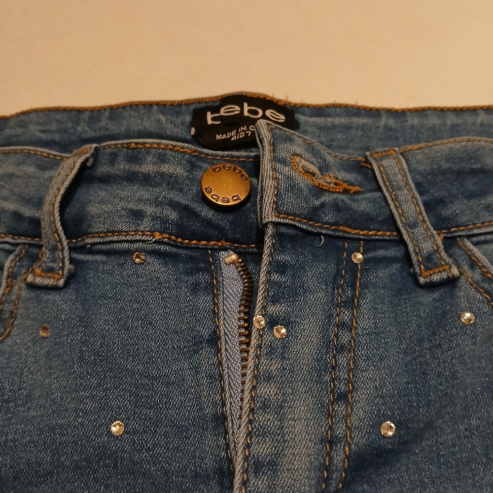 Bebe Woman's Straight Leg Mid Rise Jeans Rhinestone Size 27 Blue Denim Jeans #5A - Picture 10 of 16